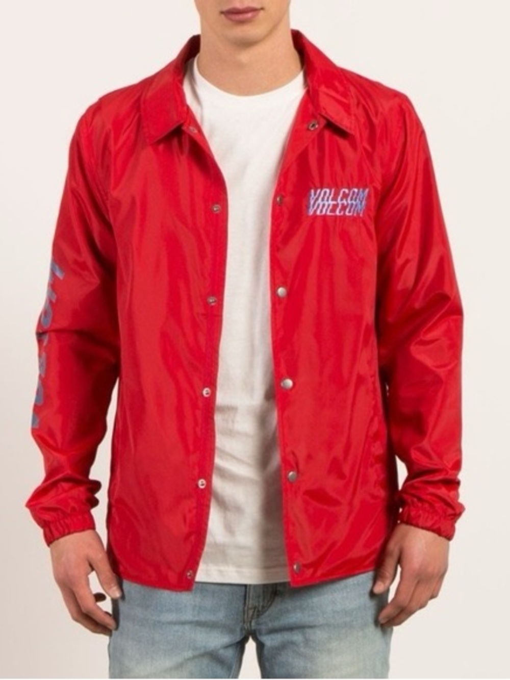 Volcom Coaches Men’s Wind Breaker Jacket Fleece Lined Snap Red Retro Skate Gear